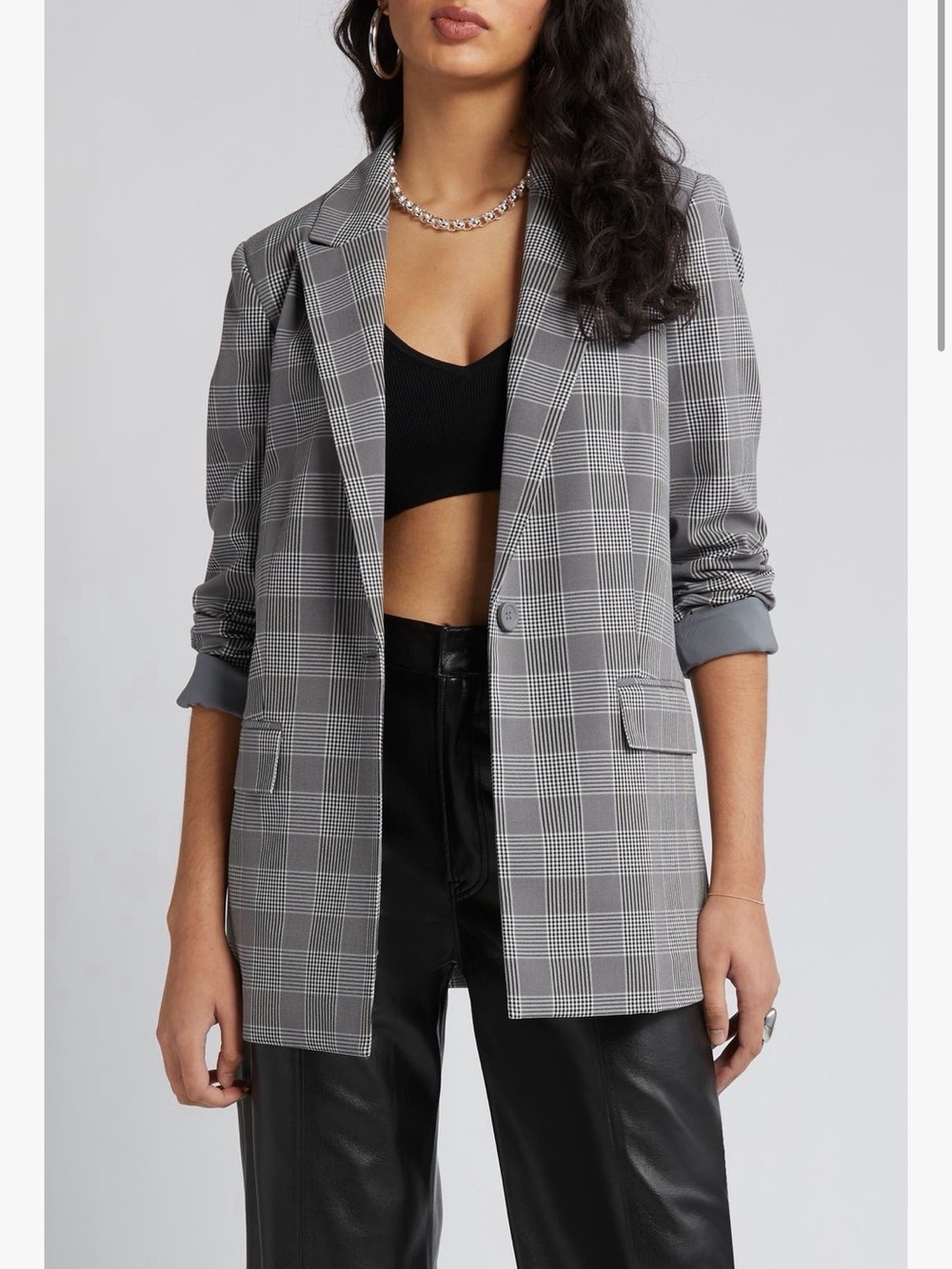 Open edit Gray Plaid Longline Blazer